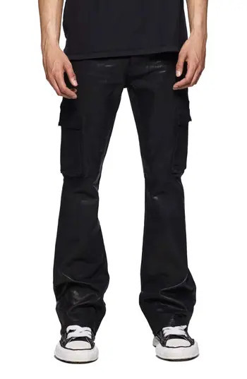 PURPLE BRAND Coated Cargo Flare Jeans in Black at Nordstrom Rack, Size 29 | Nordstrom Rack