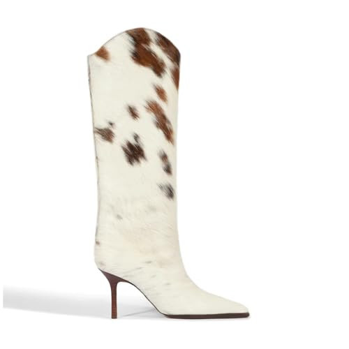 OMLISHZTY Brown Cow Print Knee High Boots for Women Pointed Toe Kitten Stiletto Heels Wide Calf Tall Pull on Sexy Boots | Amazon (US)
