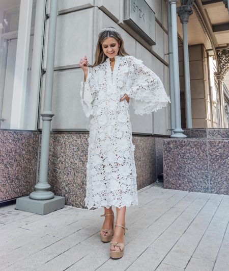 The perfect white lace caftan for your next vacation 💕 This dress is one-size fits most, and I love the lace detail and comfortable fit! + it comes in a mini and a maxi length (I’m wearing the maxi) and lots of colors! Click to shop my summer caftan and outfit details! #caftan #laviestylehouse #onesizefitsall #platformheels #whitedress #lacedress #sequinheadband #vacation 

#LTKstyletip #LTKwedding #LTKshoecrush