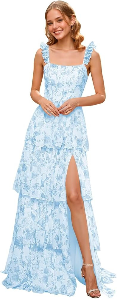 Tiered Chiffon Bridesmaid Dress Floral Spaghetti Strap A-Line Tiered Hight Waist Prom Dress with ... | Amazon (US)