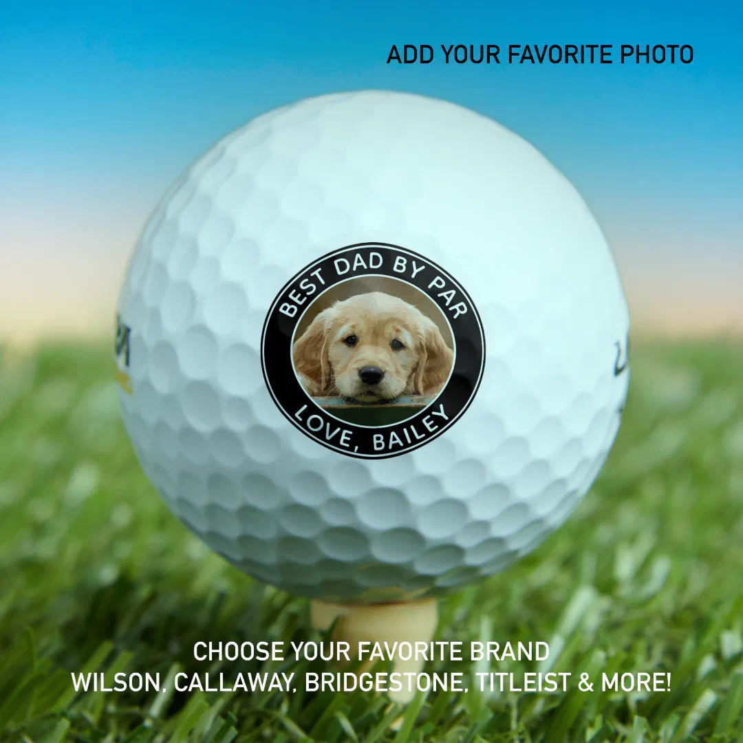 Custom Dog Photo Best Dad By Par Black White Golf Balls | Zazzle