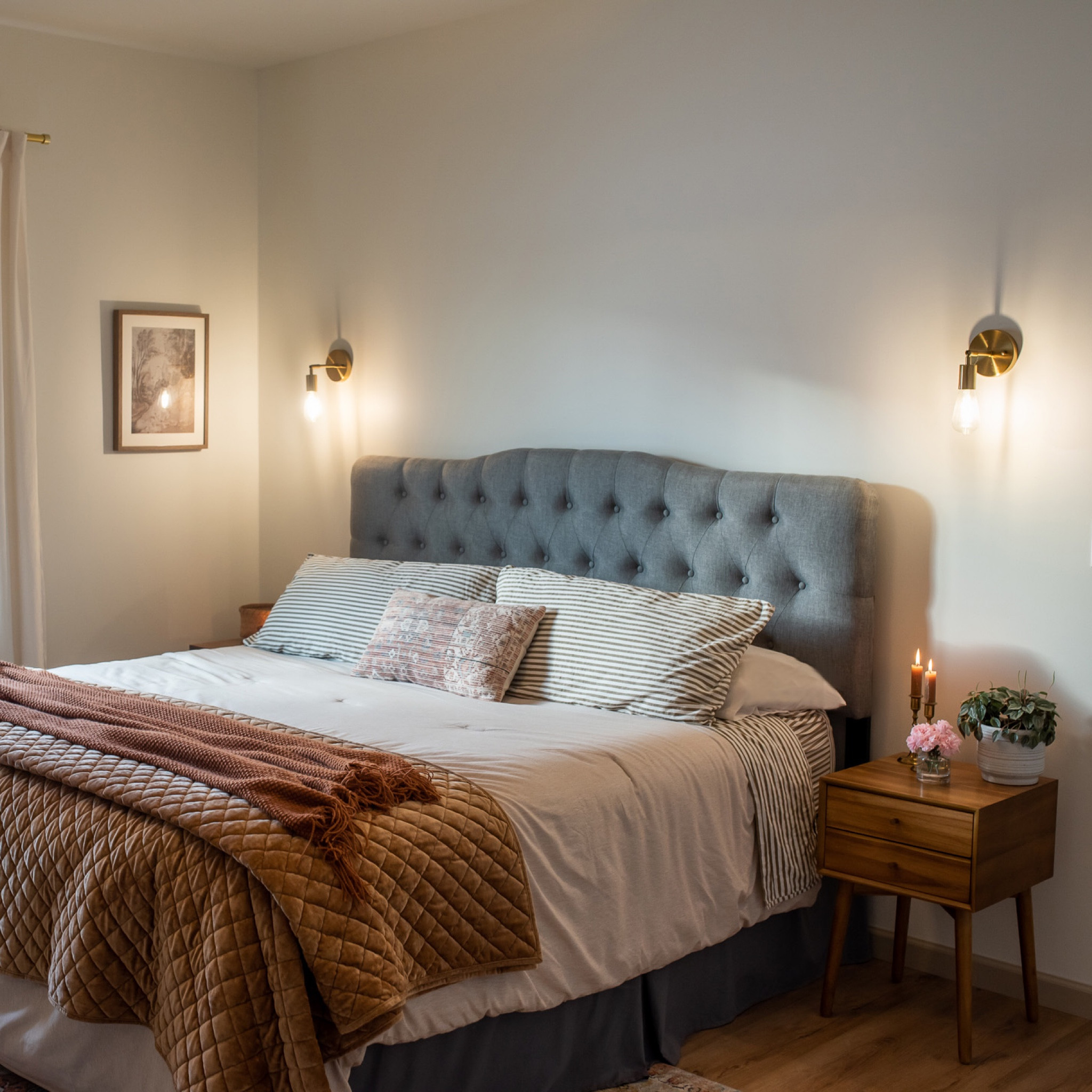 Primary bedroom with mid century modern nightstands cozy layers, and simple sconces. The best amazon pillows and affordable comforter! 

#LTKunder100 #LTKhome