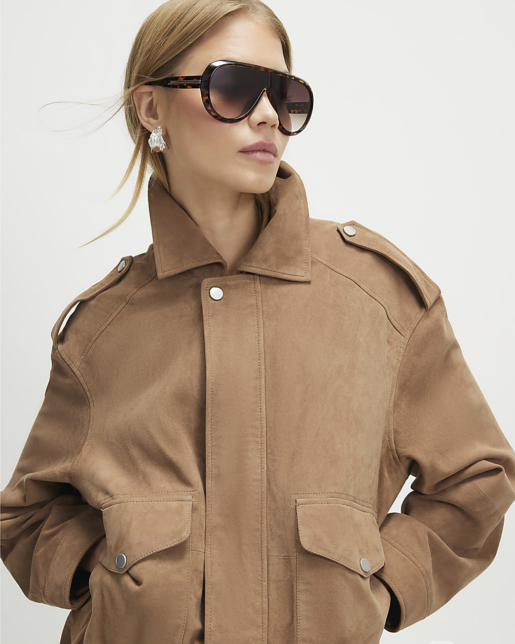 Premium Beige Suede Oversized Bomber Jacket | River Island UK & IE
