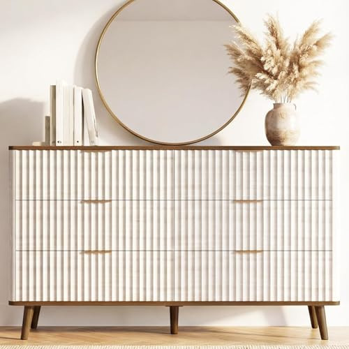 Mapleyard Fluted 6 Drawers Dresser, 47" Wide Wooden Chest of Drawers, Modern Mid Century Storage Closet Long Large Dresser for Bedroom, Living Room,Hallway, Entryway, Nursery Room, Beige + Walnut | Amazon (US)