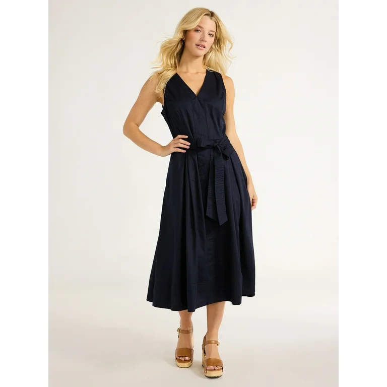 Free Assembly Women's Sleeveless V-Neck Belted Cotton Midi Dress, XS-XXL | Walmart (US)