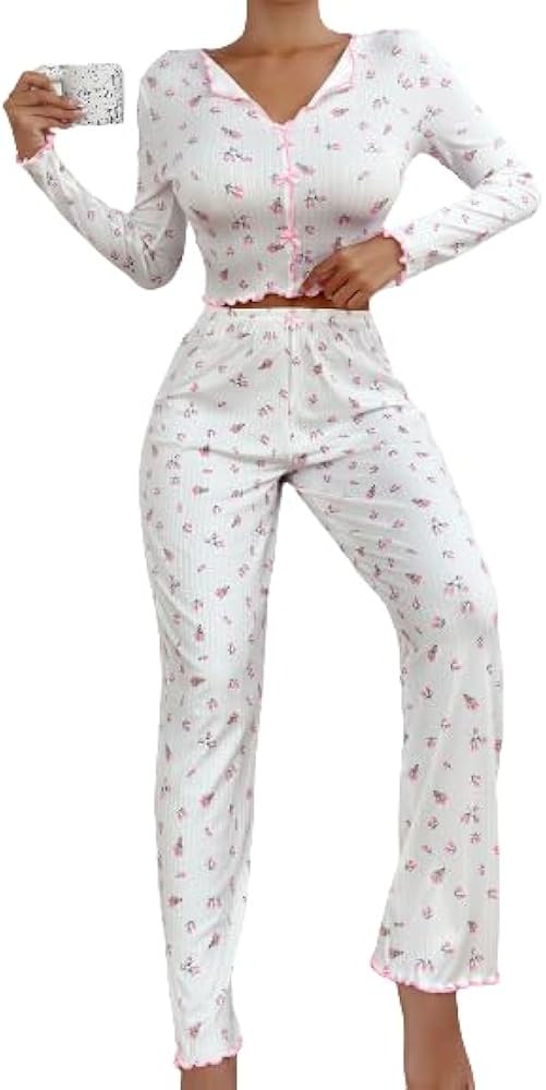 Verdusa Women's 2 Piece Long Sleeve Button Front V Neck Floral Print Lettuce Trim Pajama Set | Amazon (US)