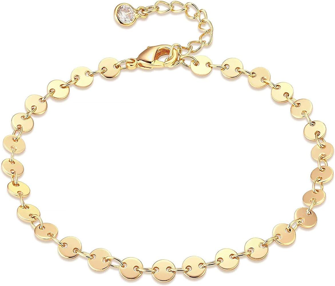 Dremmy Studios Simple Gold Chain Anklet,14k Gold/Silver Plated Dainty Disc Evil Eye Summer Beach ... | Amazon (US)