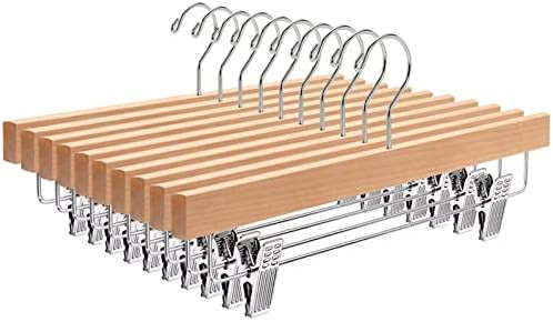 Amber Home 10 Pack Wooden Pants Hangers with Clips, 14" Natural Wood Skirt & Trouser Hangers, Clo... | Amazon (US)