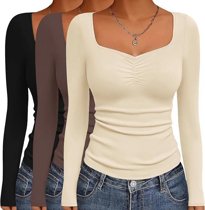 Ekouaer 3 Packs Womens Long Sleeve Tops Fitted Shirts Basic Layering Tee | Amazon (US)