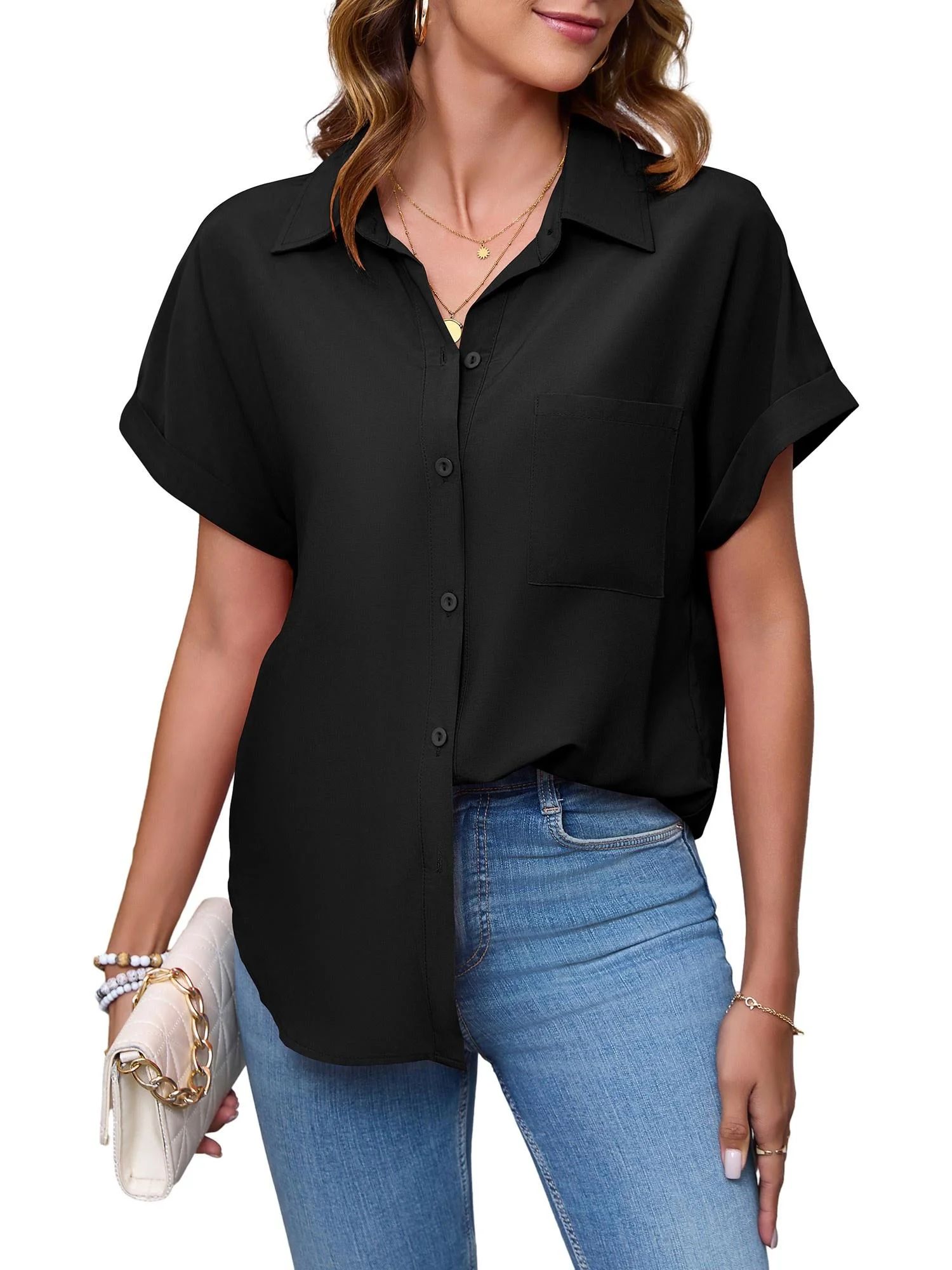 HOWCOME Button Down Shirts for Women Solid Short Sleeve Business Casual Work Blouse Tops(Black,La... | Walmart (US)