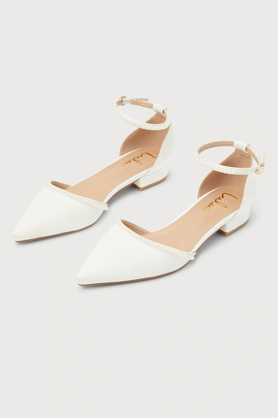 Phoebee White Satin Pearl Pointed-Toe Ankle Strap Flats | Lulus