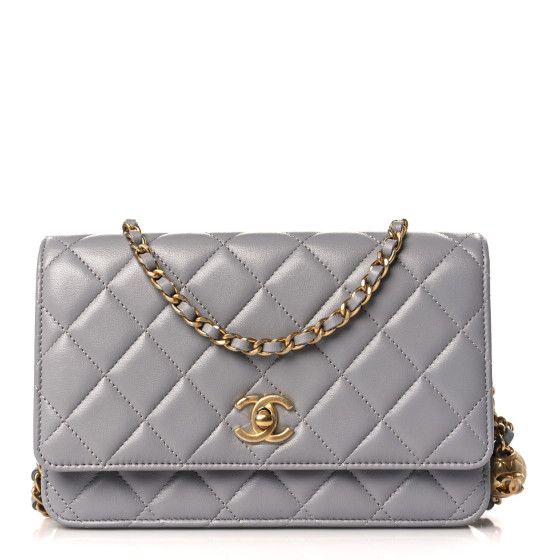 Lambskin Quilted CC Pearl Crush Wallet on Chain WOC Grey | FASHIONPHILE (US)