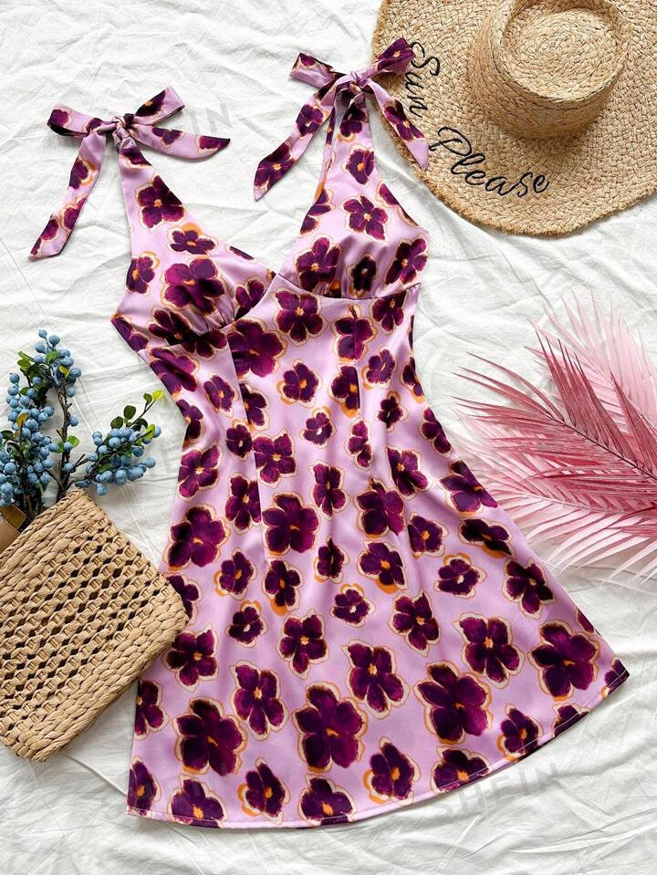 SHEIN WYWH WYWH Women's Gradient Purple Floral Easter Dress, V-Neckline With Double-Shoulder Stra... | SHEIN