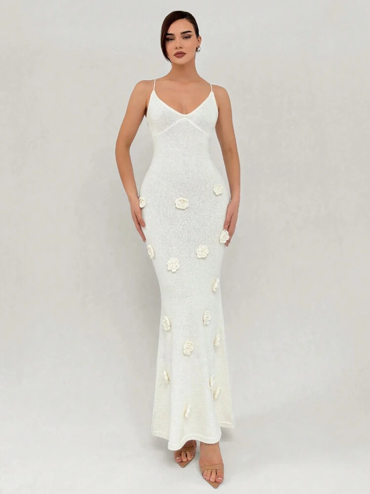 Aloruh Elegant Backless Knit Dress With Tailored Flowers | SHEIN