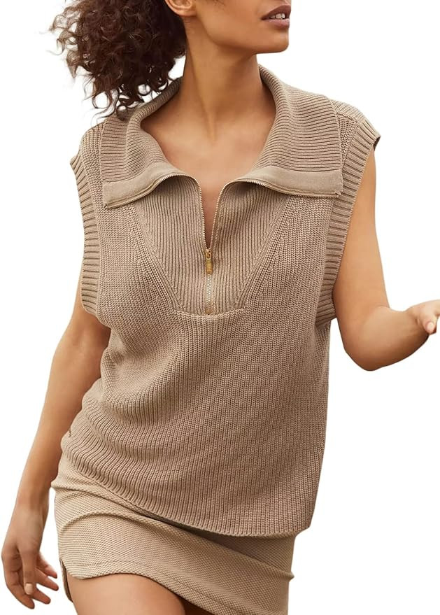 EVALESS Sleeveless Sweaters for Women Trendy Fall V Neck Collared Knit Sweater Vest Loose Half Zi... | Amazon (US)