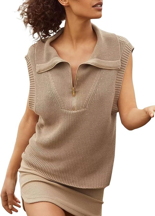 EVALESS Sleeveless Sweaters for Women Trendy Fall V Neck Collared Knit Sweater Vest Loose Half Zi... | Amazon (US)