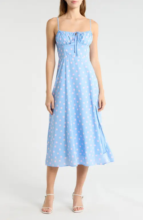 All in Favor Corset Sleeveless Midi Dress in Blue Pink Dot at Nordstrom, Size Large | Nordstrom