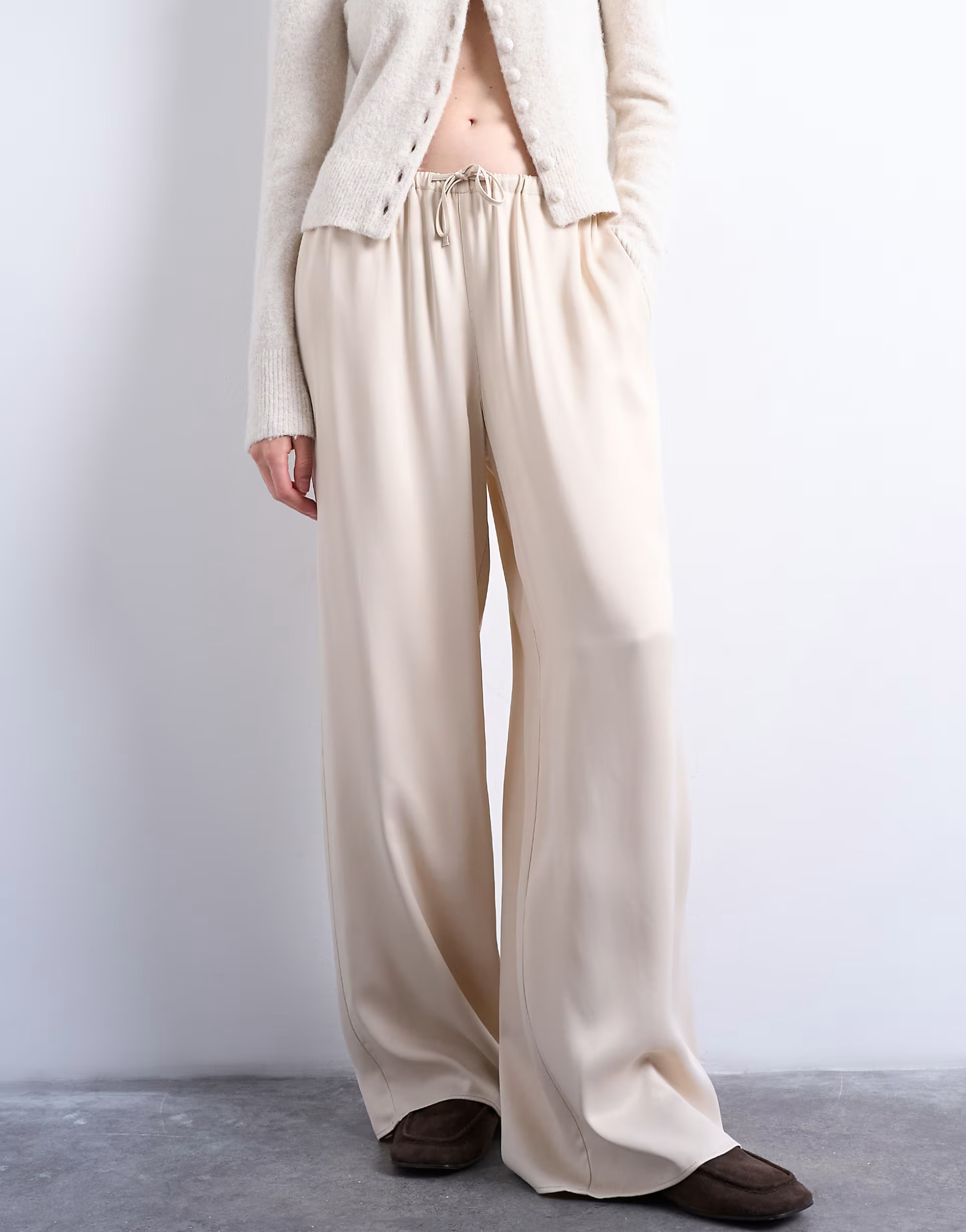 Topshop satin tie waist wide leg trouser in ecru | ASOS | ASOS (Global)