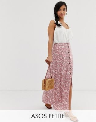 ASOS DESIGN Petite button front maxi skirt in pink floral print | ASOS US