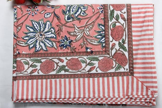 Ridhi Peach and Berry Blue Hand Block Print Cotton Cloth Dinning Table Cover Wedding Farmhouse Th... | Amazon (US)