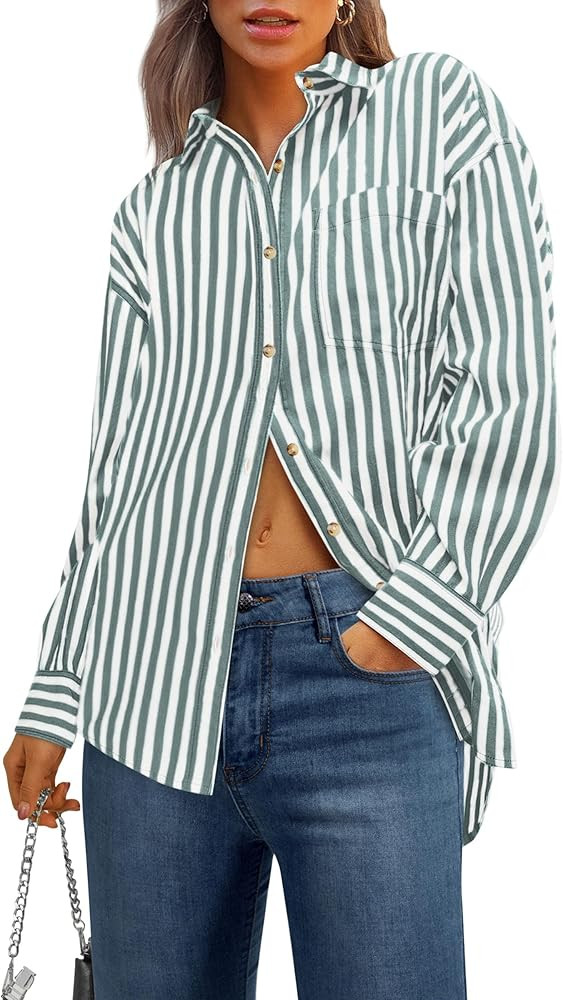 PRETTYGARDEN Womens Striped Button Down Shirt Spring 2025 Oversized Collared Long Sleeve Office W... | Amazon (US)