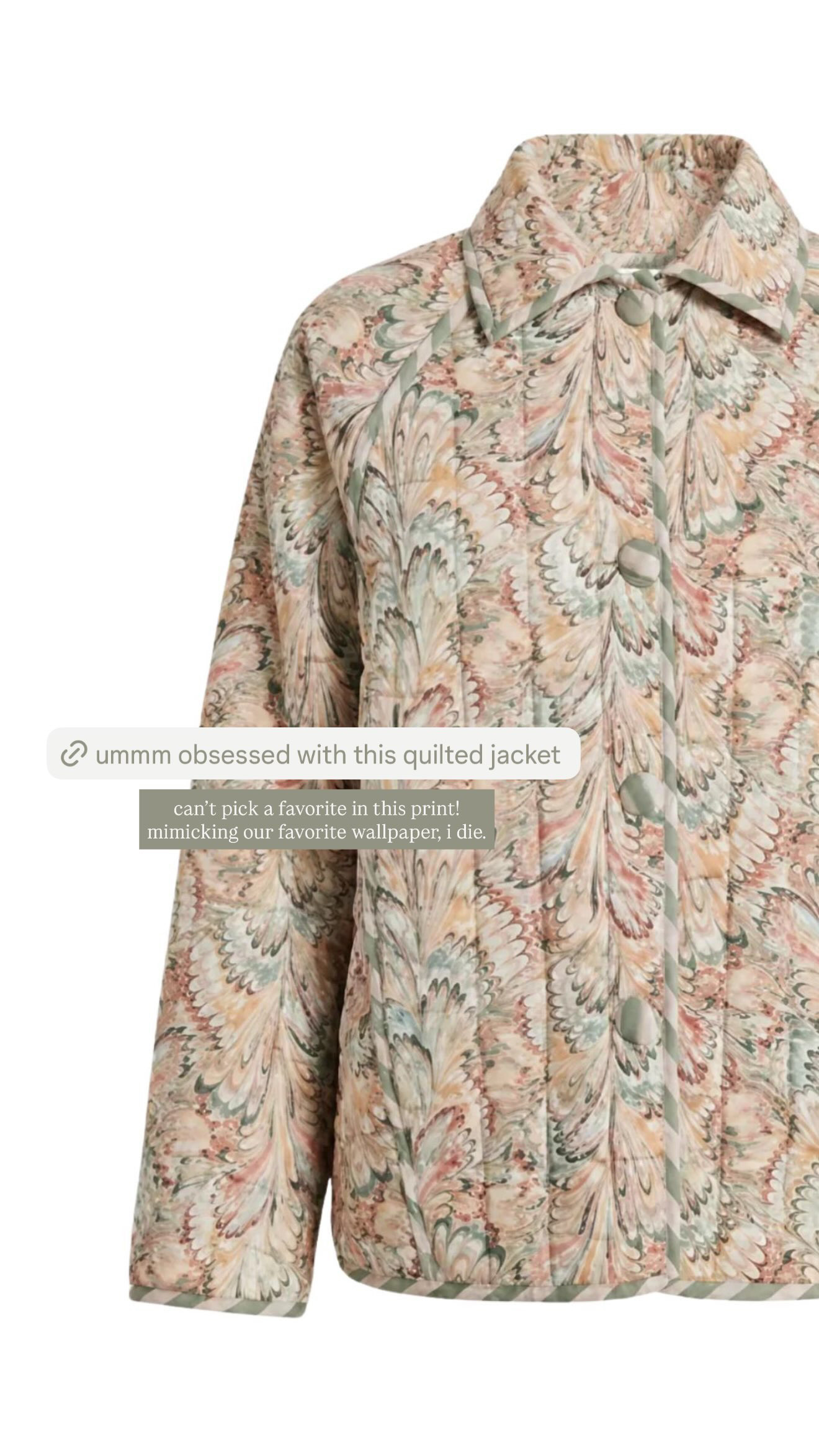 ummm obsessed with this quilted jacket. the soft marbled print is so pretty and feels extra fun because it mimics that favorite wallpaper look. i genuinely can’t pick a favorite piece in this print, but this jacket would be such an easy throw-on layer with denim, trousers, or over a simple dress.  

 #LTKSeasonal
