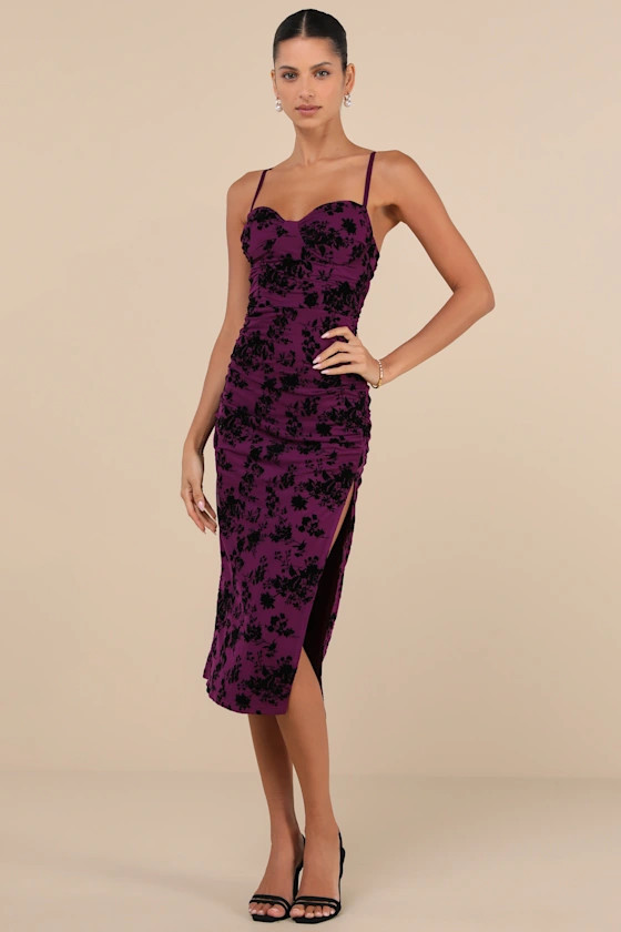 Decadent Flirt Purple Mesh Velvet Ruched Bodycon Midi Dress | Lulus