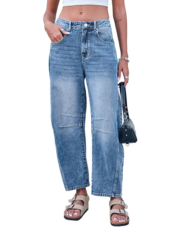 Mid Rise Barrel Jeans for Women Wide Leg Mid Waist Cropped Denim Pants Y2k Baggy Boyfriend Jeans ... | Amazon (US)