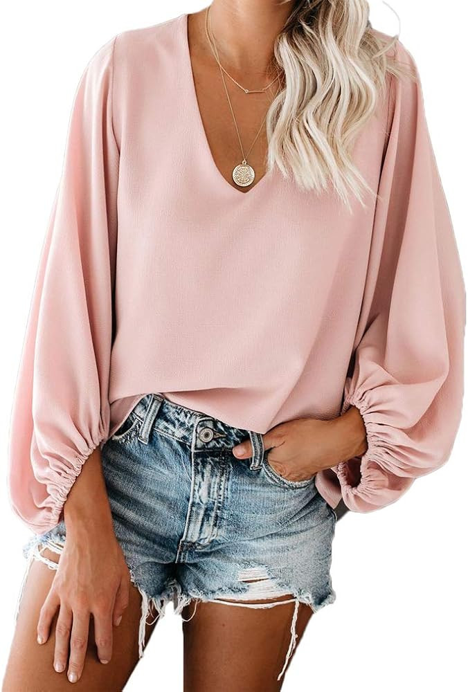 Womens V Neck Chiffon Blouses Casual Balloon Sleeve Floral Print Shirts Tops | Amazon (US)