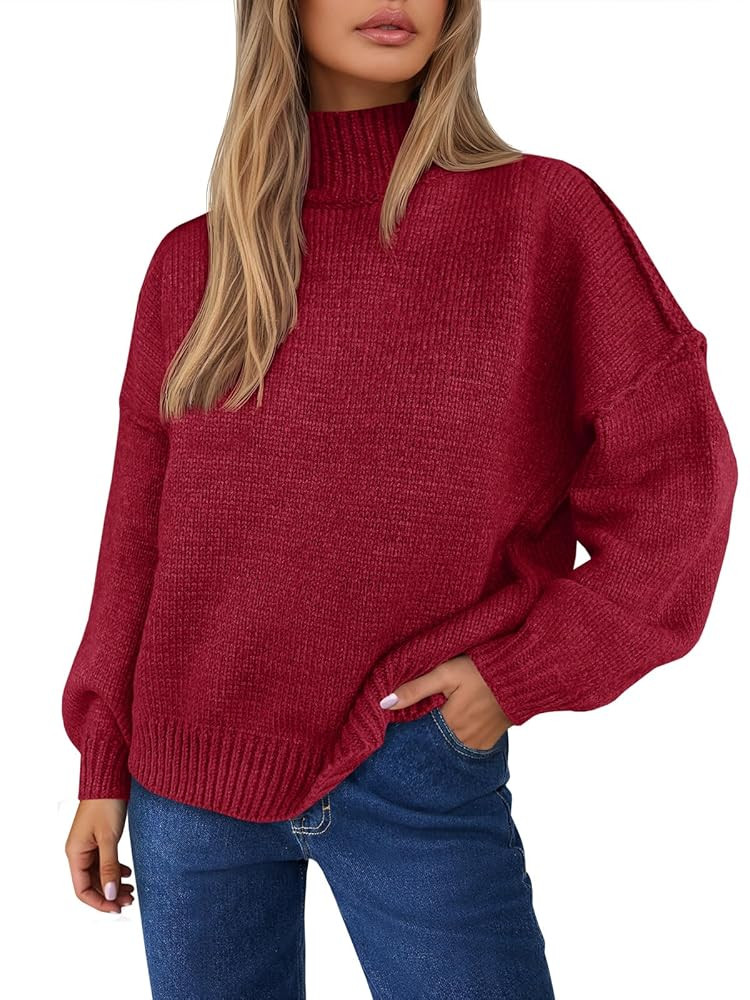 Saodimallsu Womens Mock Neck Sweater Tops Long Lantern Sleeve Fall Casual Loose Knit Basic Pullov... | Amazon (US)