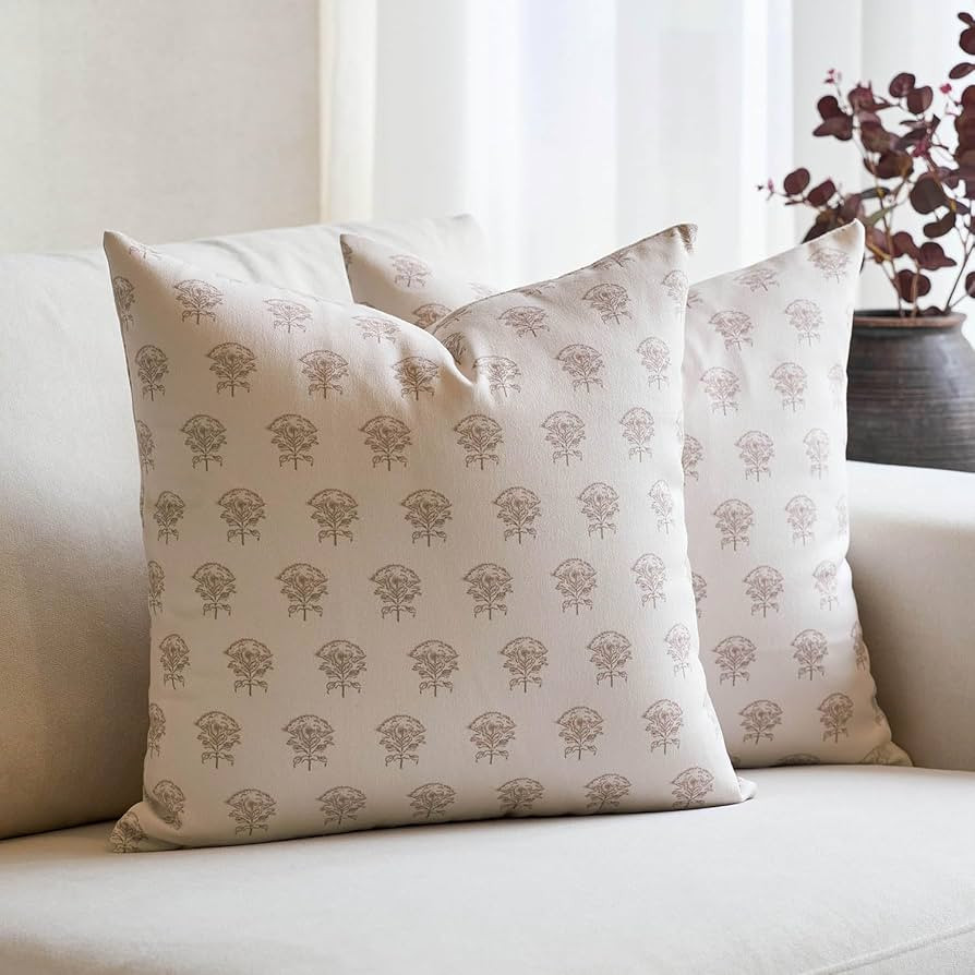 Amor Virisso Set of 2 Floral Throw Pillow Covers 18x18 Inch, Vintage Decorative Block Print Pillo... | Amazon (US)