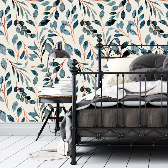 Removable Wallpaper  Teal Orange Watercolor Leaves  Peel and | Etsy | Etsy (US)
