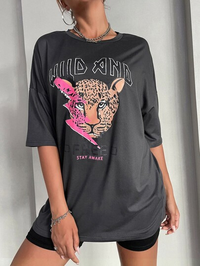 Leopard & Slogan Graphic Drop Shoulder Tee | SHEIN