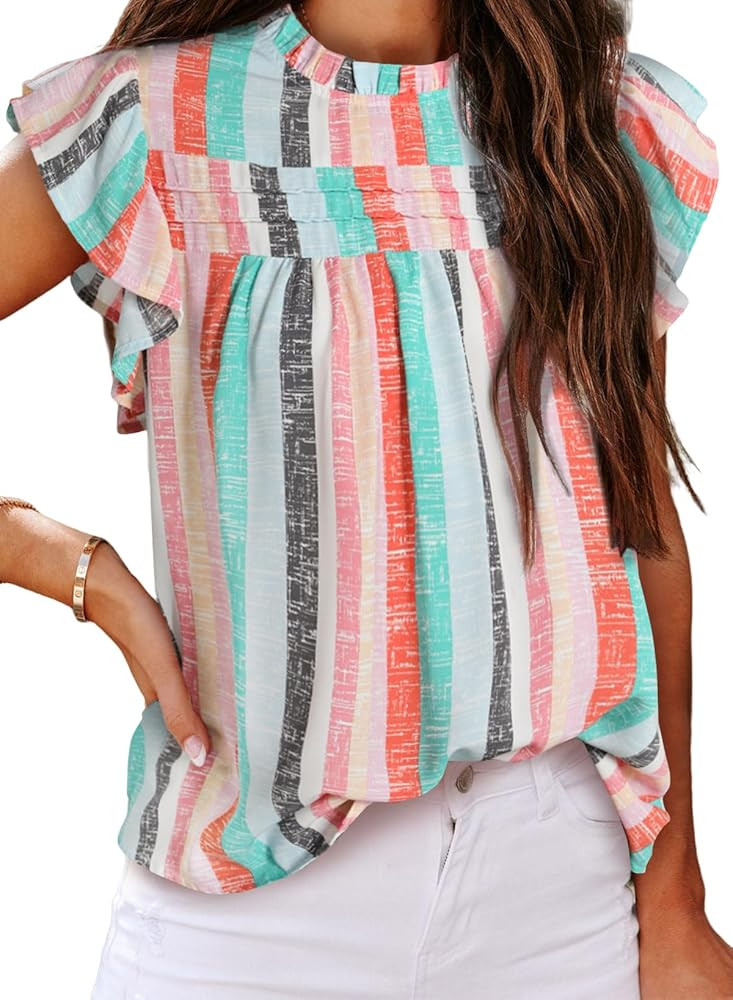 SHEWIN Womens Summer Crewneck Tank Tops Casual Ruffle Sleeveless Tops Shirts | Amazon (US)