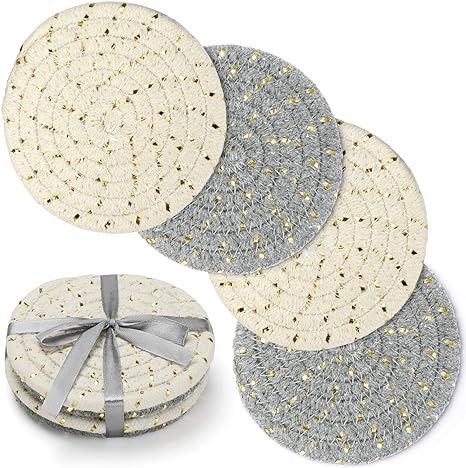 Drink Coasters Set, Handmade Pure Cotton Thread Weave Round Bar Coasters with Gift Packing, Hot P... | Amazon (US)