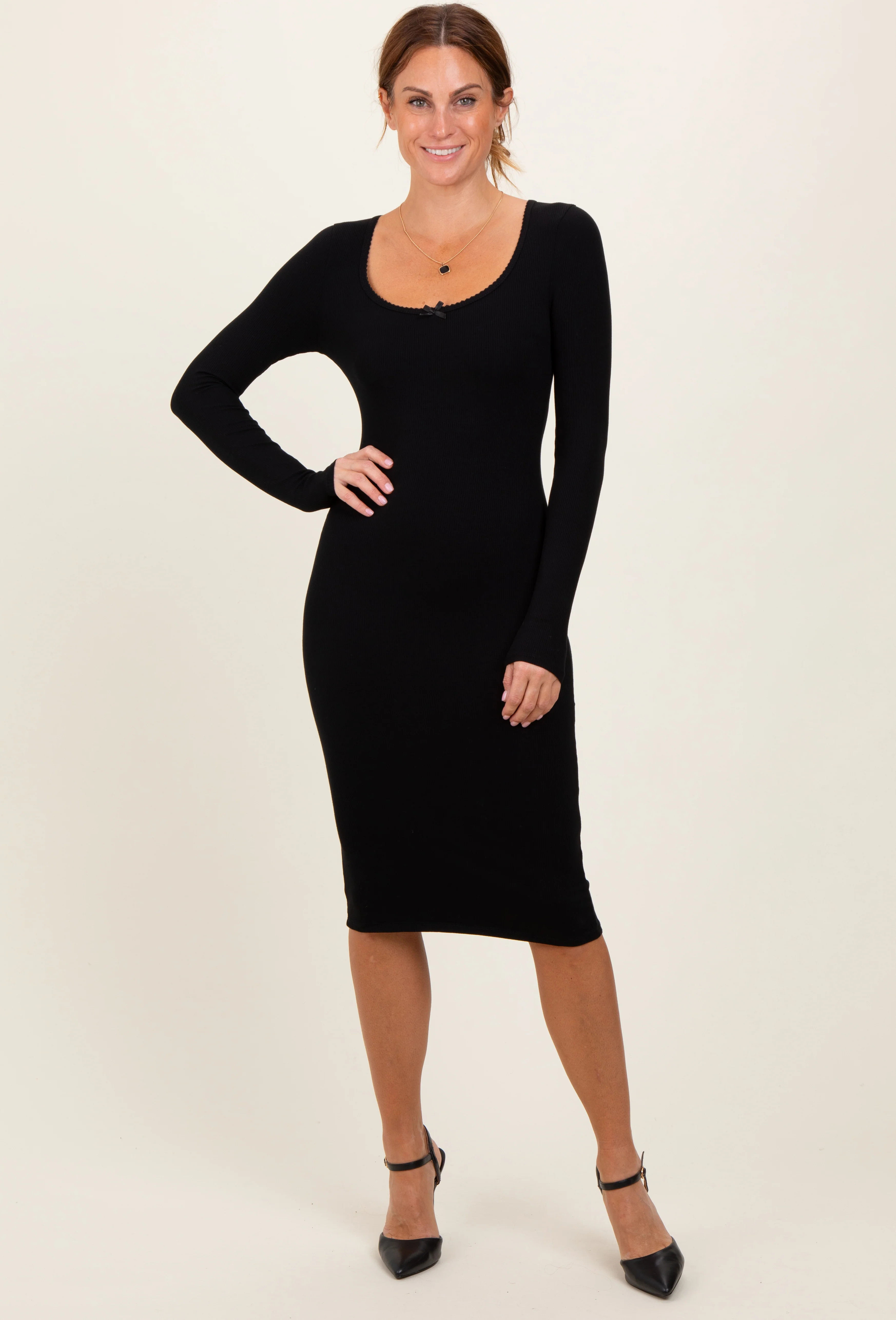 Black Bow Trim Neckline Long Sleeve Midi Dress | PinkBlush Maternity
