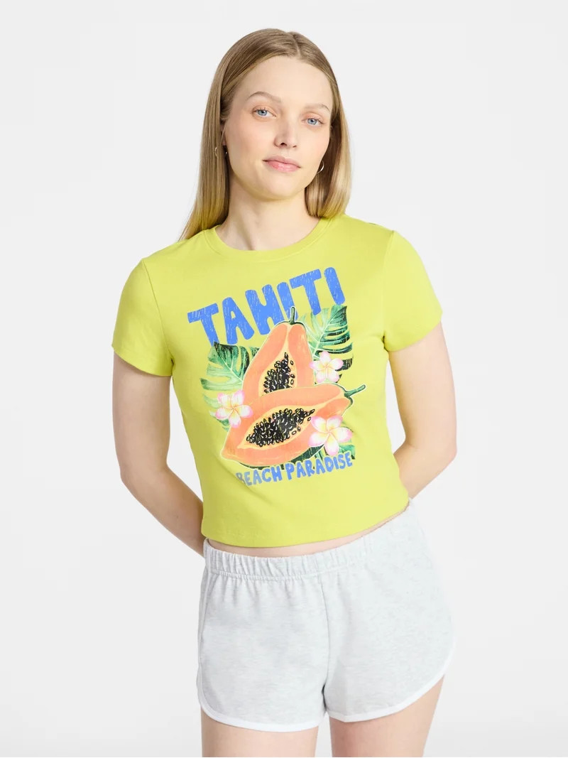 No Boundaries Ribbed Cotton Graphic Baby Tee with Short Sleeves, Women's XXS-XXL | Walmart (US)