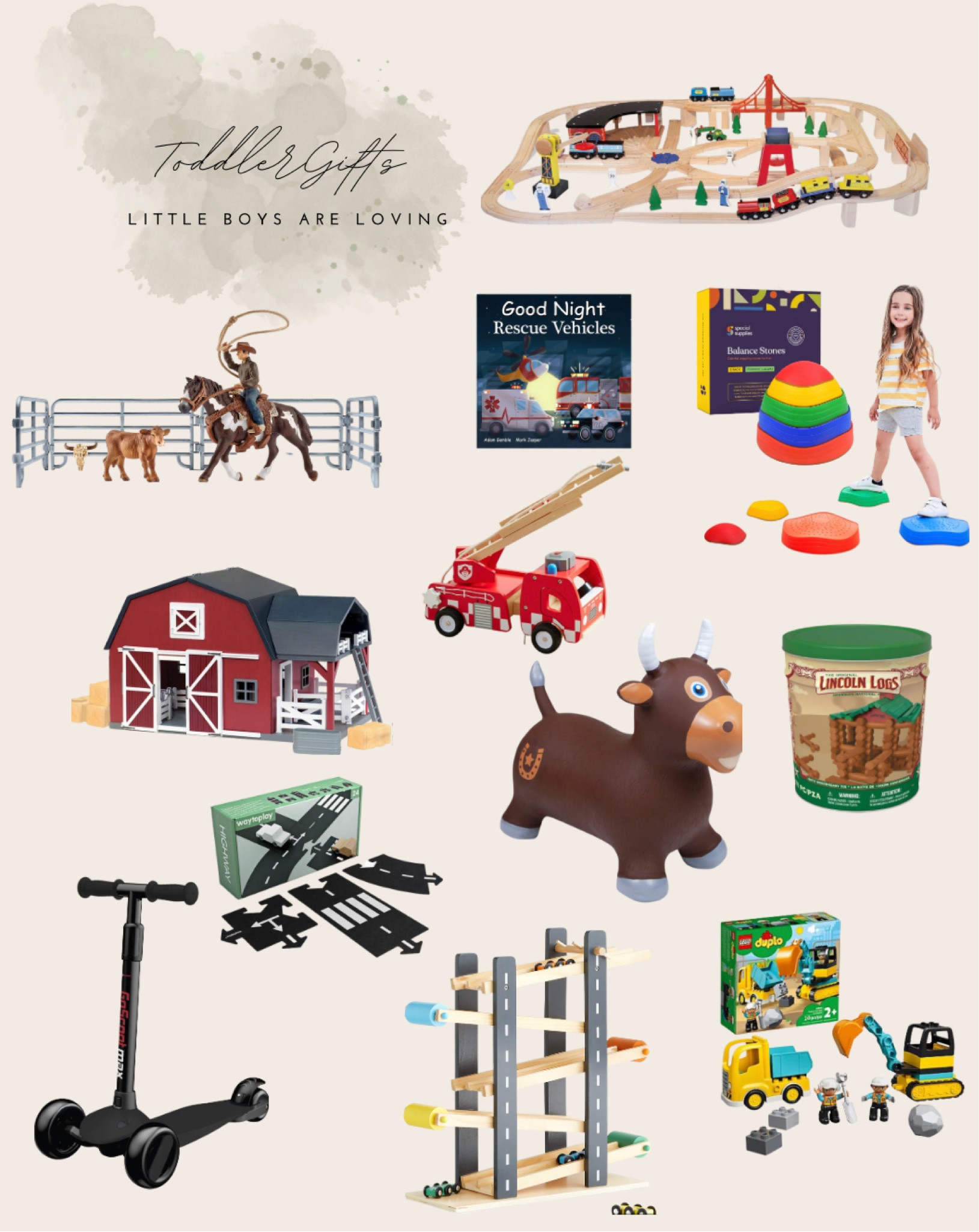 Toddler boy gift ideas. Gifts for 2-5 (ish) year old boys. Preschool kids toys. Lots of rescue fire, train set, wooden toys, Lincoln logs, active toys like scooters and bouncer toys, cars and construction sets, building toys, barn toys. 

#LTKGiftGuide #LTKkids #LTKCyberWeek