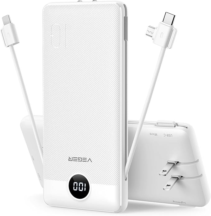 VEGER Portable Charger with Built-in AC Plug and Cables, All in One 10000mAh Ultra Slim Power Ban... | Amazon (US)