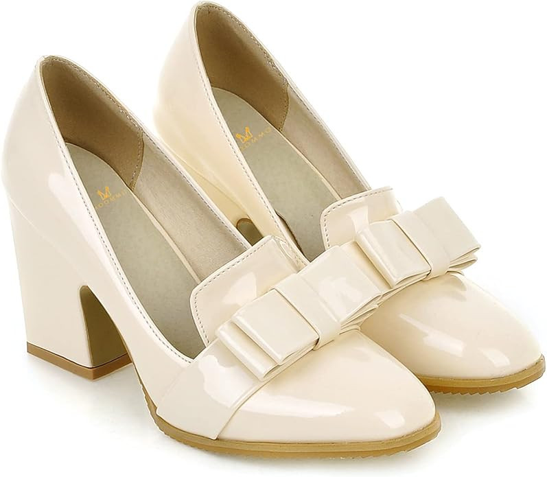 MOOMMO Women Chunky Heel Pumps Bowknot Patent Leather Loafers Round Closed Toe Sandals 3.5 Inch H... | Amazon (US)