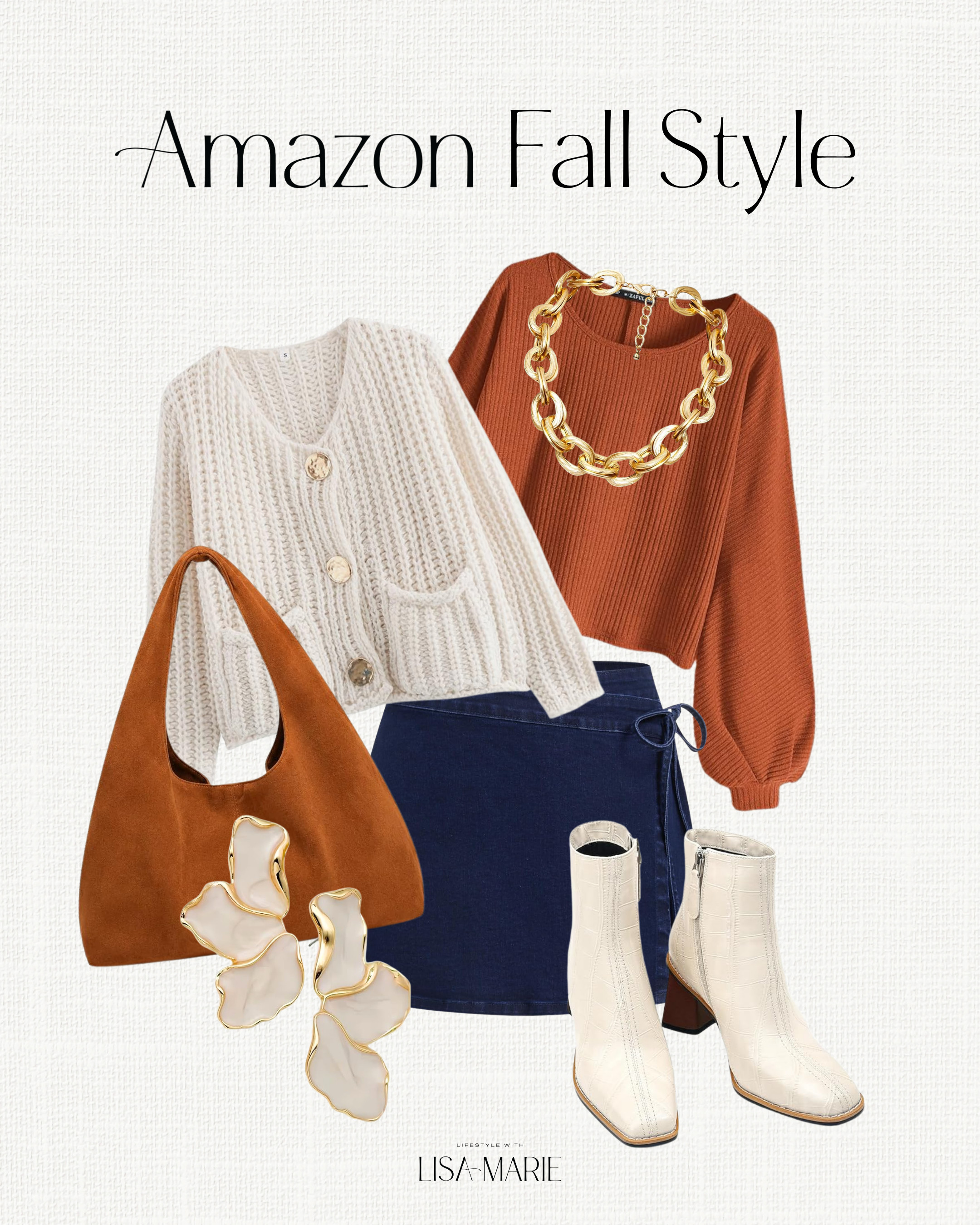 Amazon fall style inspo! Elevated casual and festive fall outfits for events, parties, festivals and concerts. Chunky knit sweaters and cardigans with buttons. Knit long sleeved tops. Denim skirts and skorts. Suede purses. Wedge booties. Rust orange accessories for fall.

#LTKootd #LTKSeasonal #LTKPetite