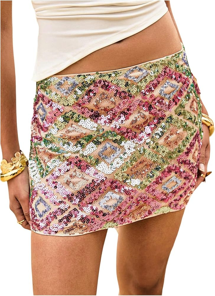 MakeMeChic Women's Sequin Skirt Mini Skirt Summer Bodycon Sparkly Skirt with Shorts Underneath | Amazon (US)