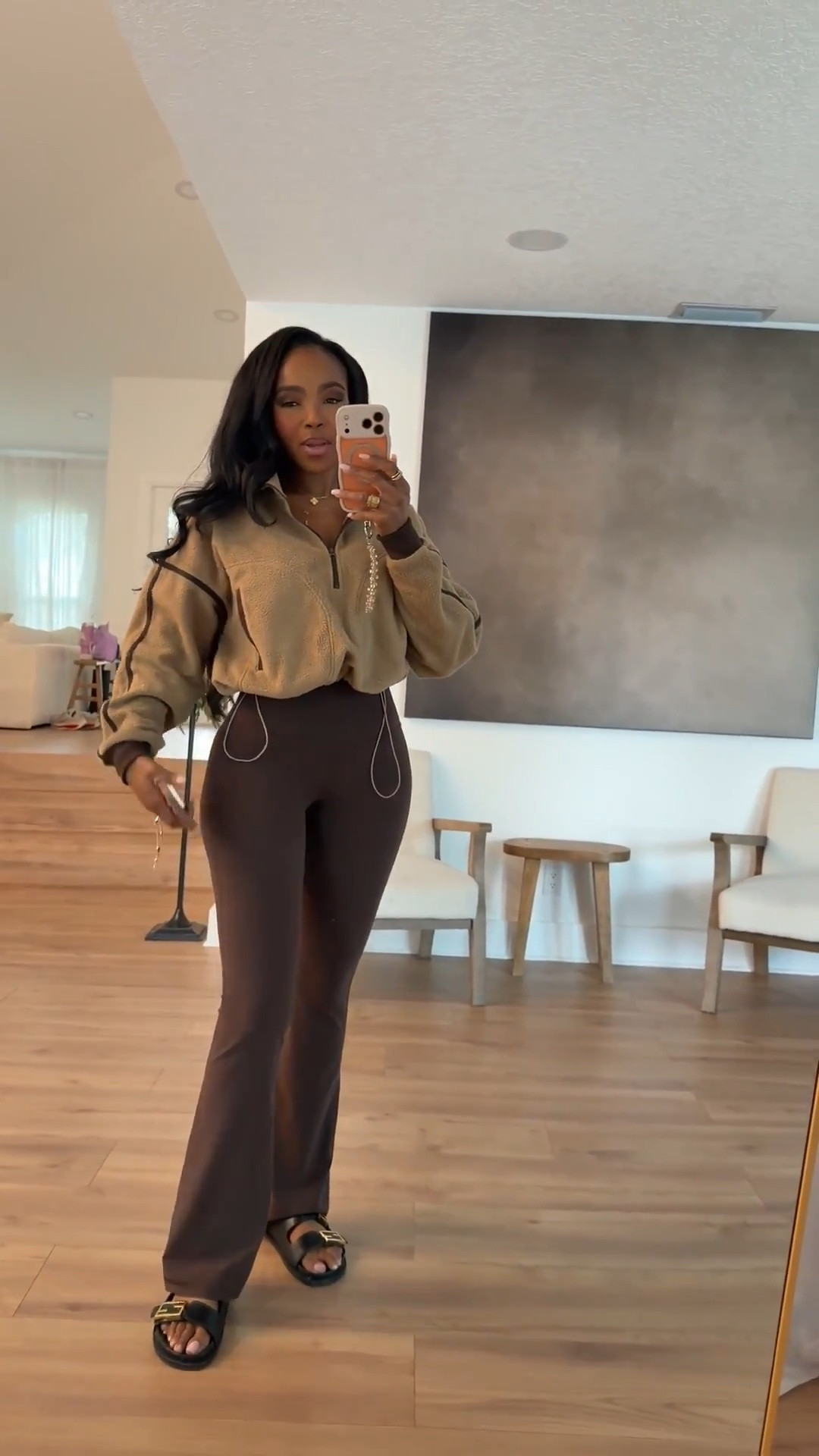 Cozy, comfy & effortlessly chic! 🤎✨

This chocolate brown and beige outfit is the perfect elevated casual look! A cozy half-zip pullover paired with flattering brown flare leggings and comfy sandals makes the cutest everyday outfit for errands, travel days, school drop-off, or lounging in style.

Everything is linked below! 🛍️

5'4" | 140 lbs | 34D | 27" waist | 40" hips

Download the FREE LTK app & follow me (@kirasfashionfinds) to shop the look!

chocolate brown outfit, cozy fall outfits, half zip pullover, brown flare leggings, elevated athleisure, casual mom outfits, comfy travel outfits, fall lounge outfits, neutral outfit ideas, everyday casual style