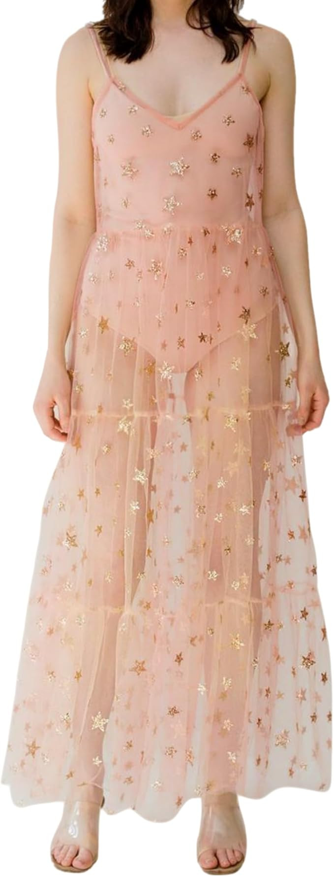 Women's See Through Tulle Maxi Dress Shiny Sequined Stars Spaghetti Strap Cover Up Dresses Festiv... | Amazon (CA)