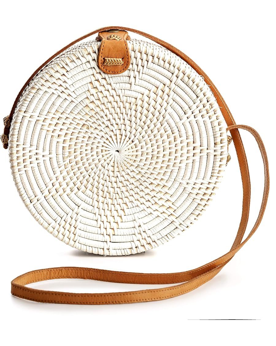 Novum Crafts Round Rattan Bag for Women - Handmade Straw Bags - Wicker Purse - Brown White Circle... | Amazon (US)