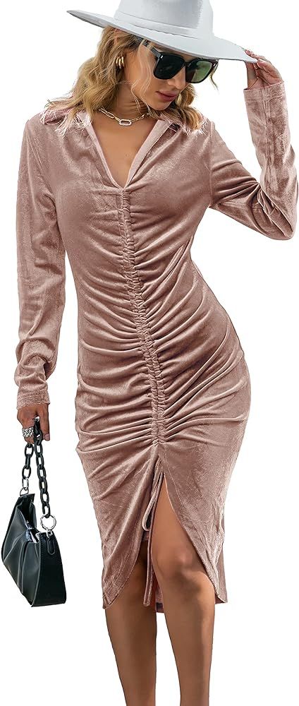 Amazon.com: Amegoya Women's Long Sleeve Velvet Bodycon Ruched Sexy Clubwear Mini Dress V Neck Tig... | Amazon (US)