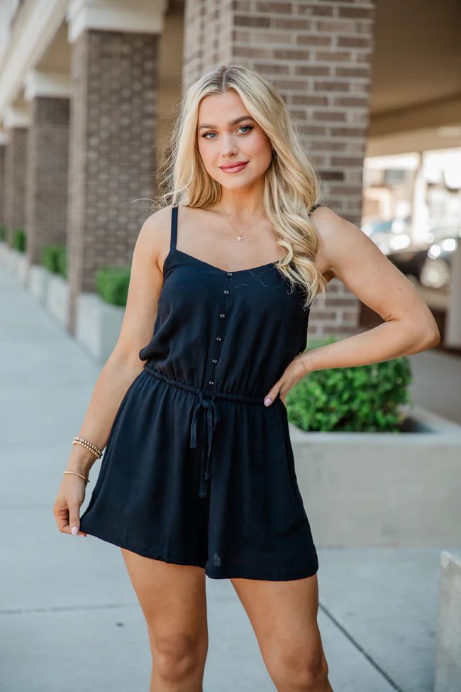 Take A Minute Black Solid Tie Waist Romper SALE | Pink Lily
