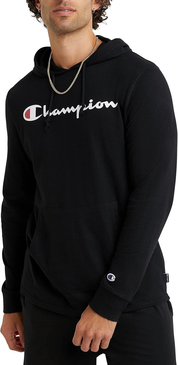 Champion Hooded Long-Sleeve Tee, Cotton Men's T-Shirt Hoodie, Script Logo | Amazon (US)