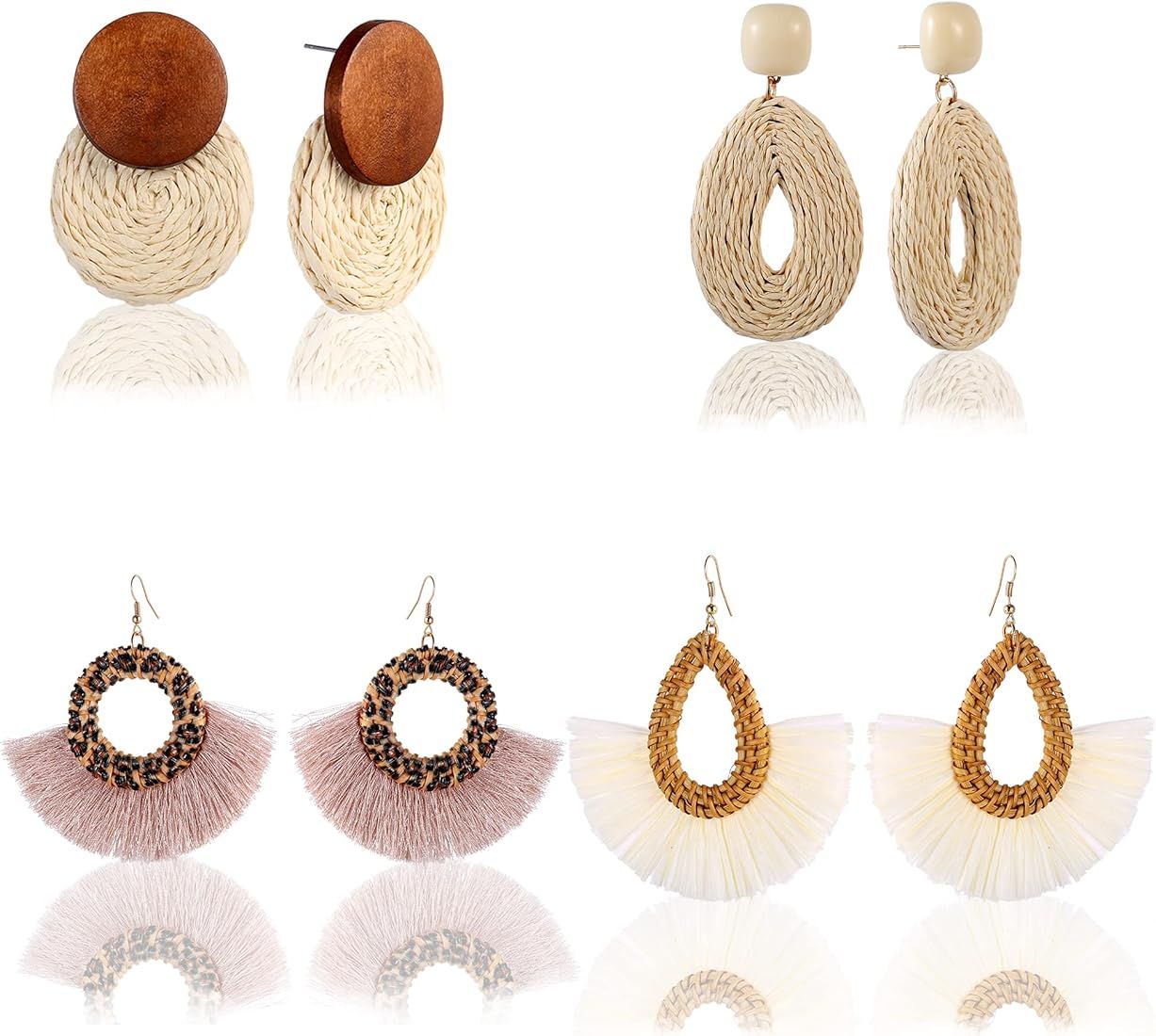 Boho Rattan Dangle Earrings Set for Women Girls with Statement Handmade lightweight Straw Tassel ... | Amazon (US)