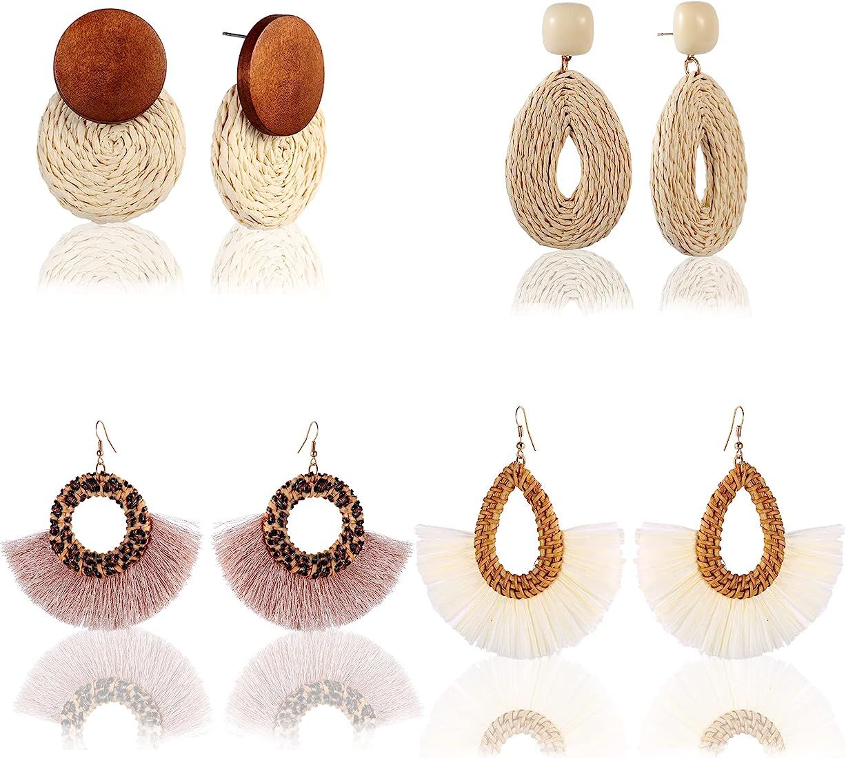 Boho Rattan Dangle Earrings Set for Women Girls with Statement Handmade lightweight Straw Tassel ... | Amazon (US)